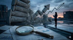 Infographie conceptuelle sur les plus gros scandales financiers de l'histoire. Au centre, des piliers en pierre gravés aux noms d'Enron, Lehman Brothers et Wirecard s'effondrent sous la pluie, symbolisant les faillites économiques. En arrière-plan, une femme d'affaires observe une flèche graphique montante indiquant 'Leçons Apprises' et 'Éthique et Contrôle'. Au premier plan, une loupe ancienne est posée sur des rapports financiers et des bilans comptables détaillés.